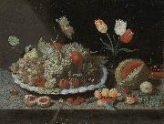 Still life with grapes and other fruit on a platter